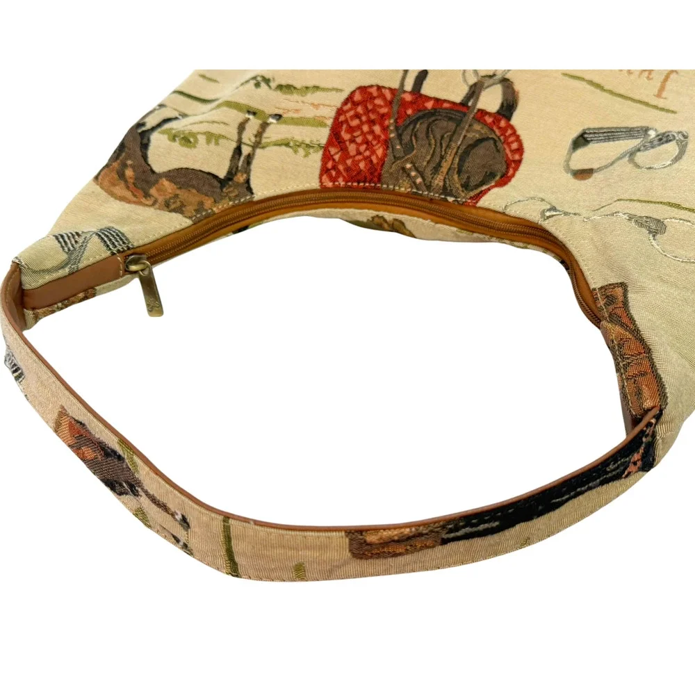 Signare Hobo Bag English Horse Riding Equestrian Print Tan Woven Tapestry Purse